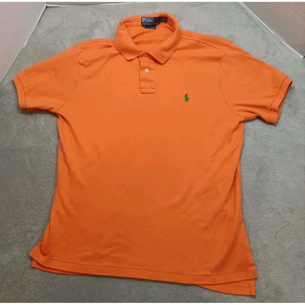 Polo Ralph Lauren Shirt Mens L Short Sleeve Orange Polo Green Pony Custom Fit.